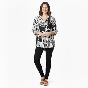 NICOLE MILLER 100% Linen Black & White Floral Print Roll Tab Sleeve Shirt Sz 3X